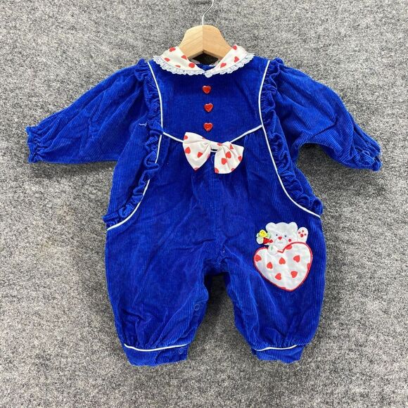 Vintage Romper Girls 3-6 Months Blue Collared Long Sleeve Cotton Button Up - Picture 1 of 6